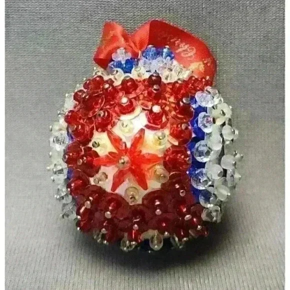 Patriotic America Push Pin Christmas Ornament 2.5" Beaded Red White Blue Sequins - Picture 2 of 6